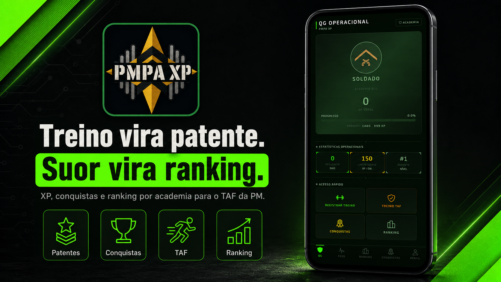 PMPA XP — Treino vira patente. Suor vira ranking. Preparação para o TAF que motiva de verdade.
